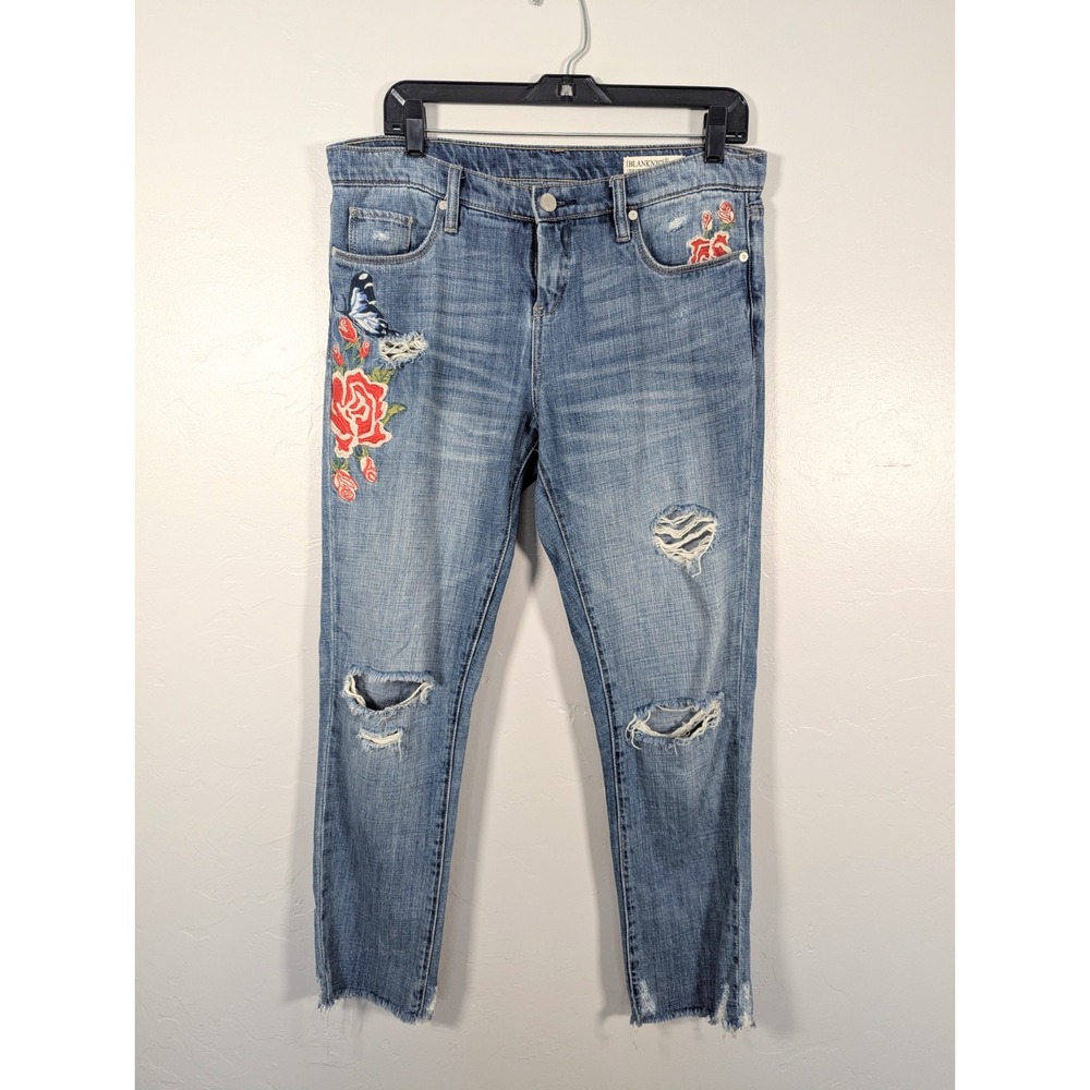BlankNYC Crop Girlfriend Jeans 26‎ Floral Embroidered Raw Hem cottagecore fairy